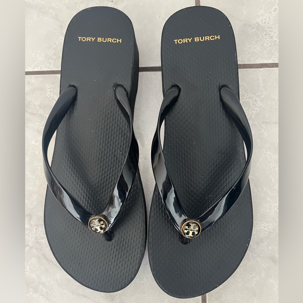 Tory Burch Glossy Black Wedge Sandals